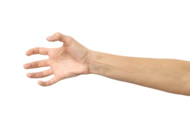 Çekiyor, tutuyor, uzanıyor ya da kaşınıyor. Beyaz arka planda izole edilmiş Fransız manikürlü kadın eli. Dizinin bir parçası