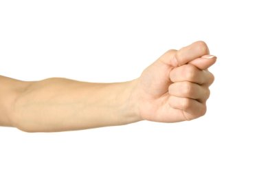 İncir işareti. Beyaz arka planda izole edilmiş Fransız manikürlü kadın eli. Dizinin bir parçası