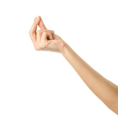 El ele tutuşmak. El kol hareketi yapan bir kadın beyaz üzerine izole edilmiş