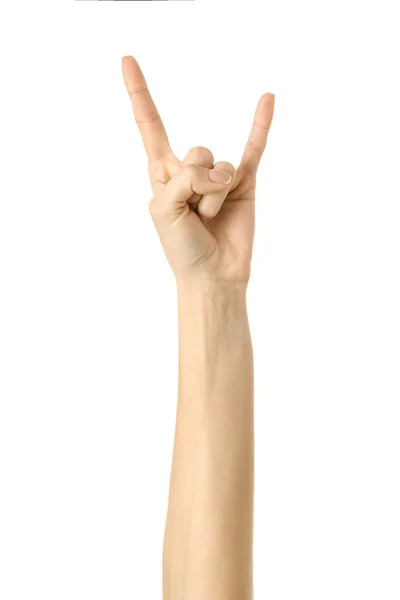Rock and Roll. Nő kéz gesztus elszigetelt fehér — Stock Fotó