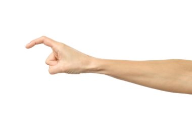 Parmak uzanıyor ya da kaşınıyor. Beyaz arka planda izole edilmiş Fransız manikürlü kadın eli. Dizinin bir parçası