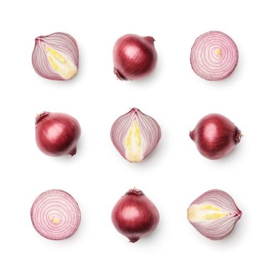 Beyaz arka planda izole edilmiş kırmızı soğan koleksiyonu. Birden fazla resim seti. Dizinin bir parçası