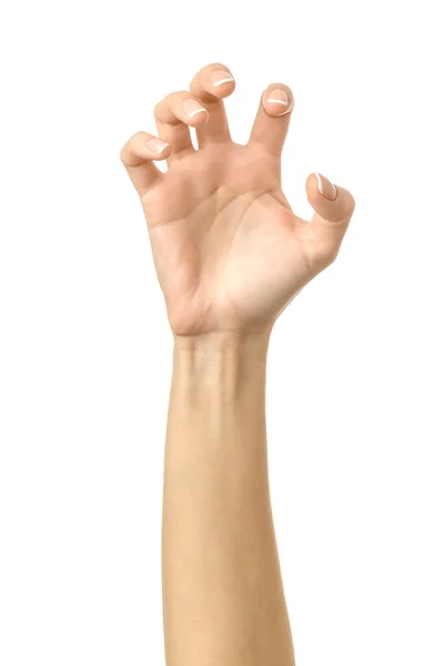 Trekken Grijpen Reiken Krabben Vrouw Hand Met Franse Manicure Gebaar — Stockfoto