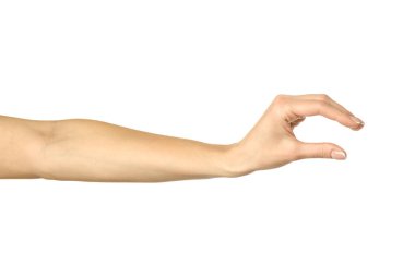 Görünmez nesne ölçülüyor. Beyaz arka planda izole edilmiş Fransız manikürlü kadın eli. Dizinin bir parçası