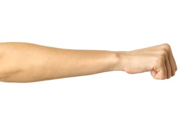 Yumruğunu sıkıca kavra. Yatay görüntü. Beyaz arka planda izole edilmiş Fransız manikürlü kadın eli. Dizinin bir parçası