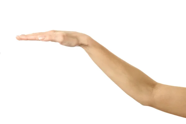 Dekking Bescherming Vrouw Hand Met Franse Manicure Gebaar Geïsoleerd Witte — Stockfoto
