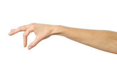 El pençe, el ele tutuşmak, kavramak ya da uzanmak. Beyaz arka planda izole edilmiş Fransız manikürlü kadın eli. Dizinin bir parçası