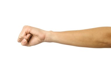 Yumruğunu sıkıca kavra. Yatay görüntü. Beyaz arka planda izole edilmiş Fransız manikürlü kadın eli. Dizinin bir parçası