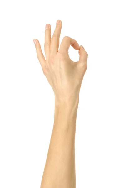 好的标志 女人的手与法国修指甲的姿势隔离在白色背景 系列的一部分 — 图库照片