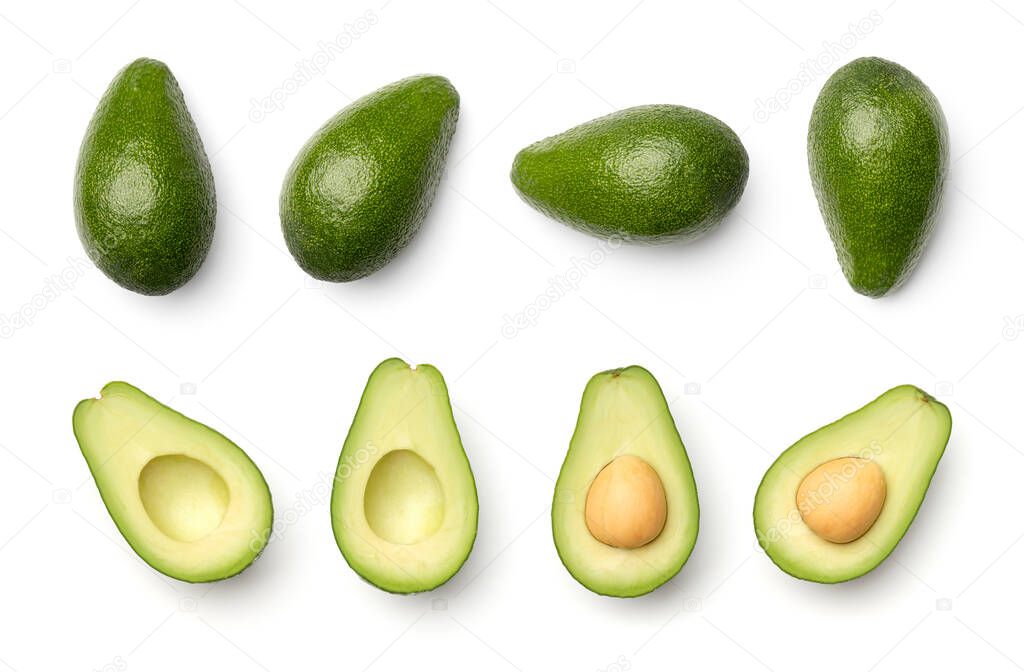 Collection of avocados isolated on white background. Set of multiple images. Part of series