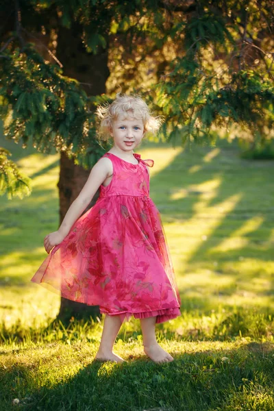 Bonito Adorável Pouco Loira Caucasiano Europeu Menina Criança Rosa Vestido — Fotografia de Stock