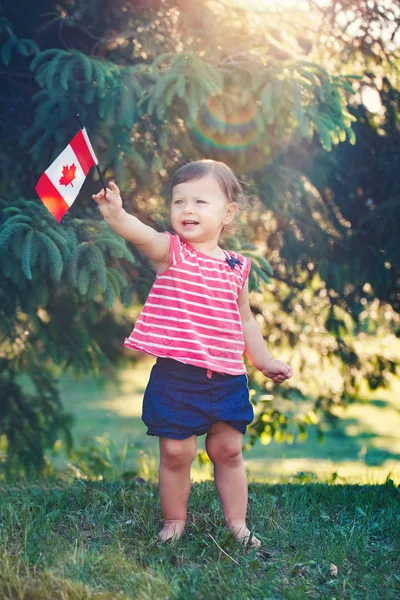 Portrait Little White Caucasian Baby Girl Holding Canadian Flag Red — Stock Photo, Image