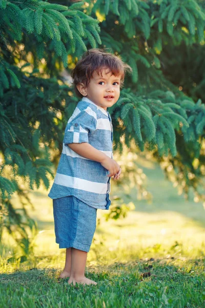 可爱可爱的小白种黑人男孩的蓝色衬衫和短裤站在田野草地外 快乐的微笑的孩子赤脚走在草地上的公园日落 — 图库照片