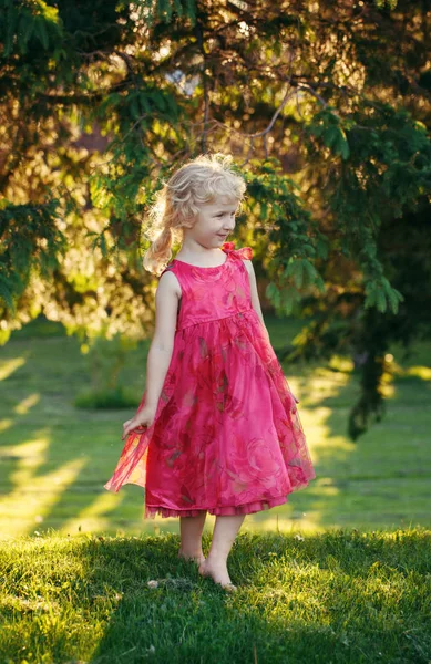 Cute Adorable Little Blonde Caucasian European Girl Child Pink Dress — Stock Photo, Image