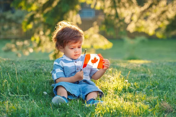 Retrato Del Pequeño Niño Blanco Caucásico Sosteniendo Mirando Bandera Canadiense —  Fotos de Stock