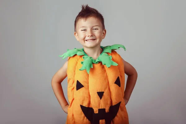Portrait Adorable Funny White Caucasian Boy Dressed Pumpkin Halloween Child — Stock Photo, Image