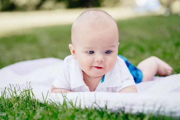 Closeup Portrait Adorable Funny White Caucasian Baby Boy Blue Grey — Stock Photo, Image
