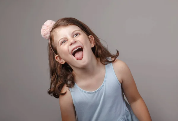 Closeup Portrait Cute Adorable White Brunette Caucasian Preschool Girl Making — Stock Photo, Image