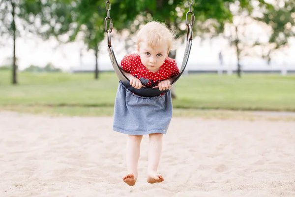 Portrait Happy Smiling Little Toddler Girl Swinging Swings Playground Summer — Stock Photo, Image