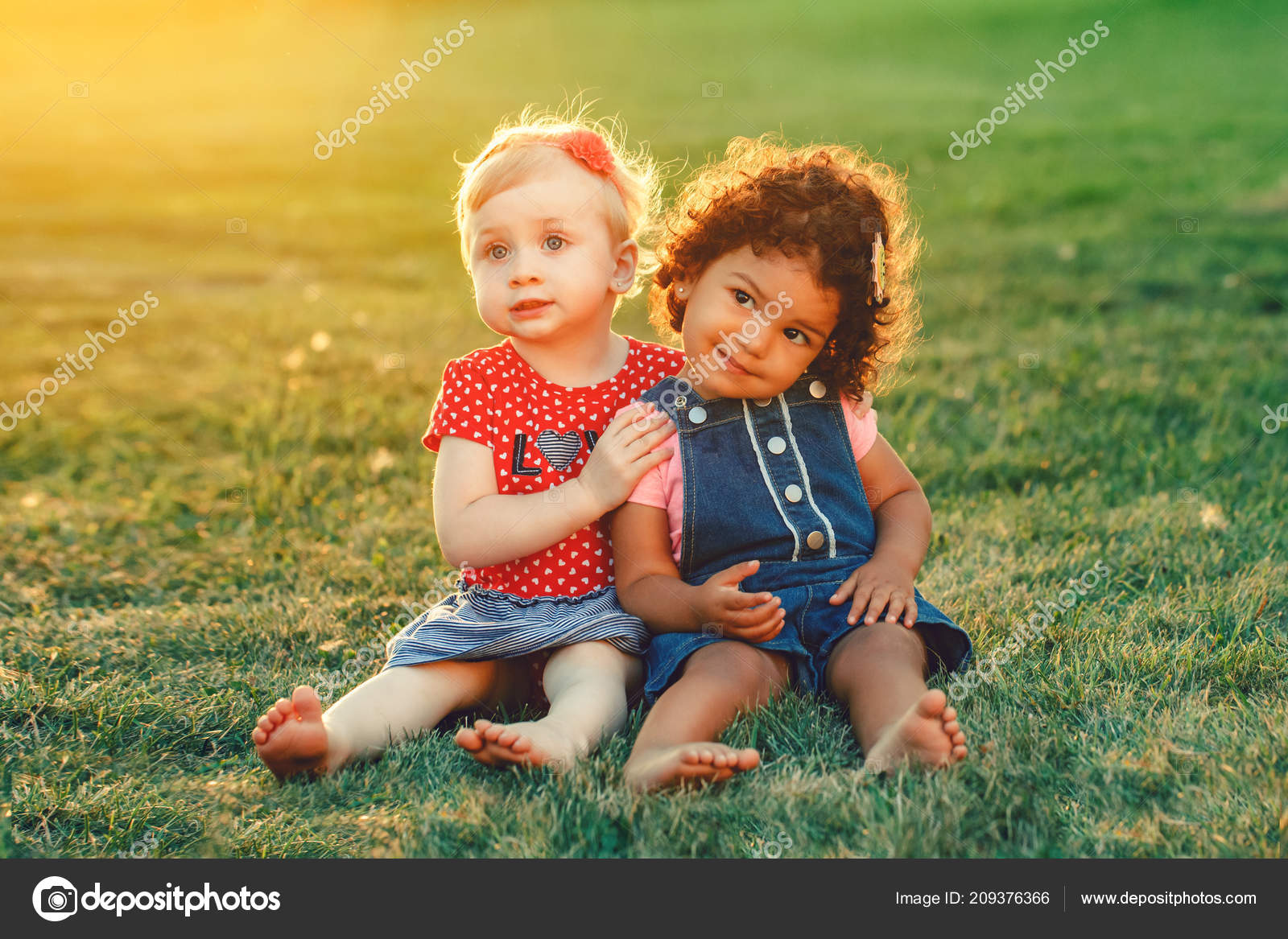 组肖像两个可爱可爱的女孩孩子们坐在一起白人白种人和拉丁裔西班牙婴儿在公园外拥抱友谊和最好的朋友永远的概念——, image size:1600x1167