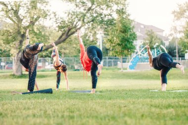 Grup on sunset Park dışında yoga yaparken birçok Kafkas insan. Germe, egzersiz açık havada gerçekleştirme kadınlar. Sağlıklı yaşam tarzı modern aktivite. Spor dersi eğitmen.