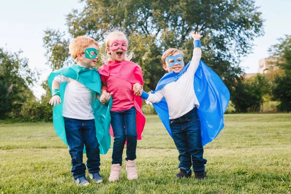 Cute Adorable Preschool Caucasian Children Playing Superheroes Three Kids Friends — Stock Photo, Image