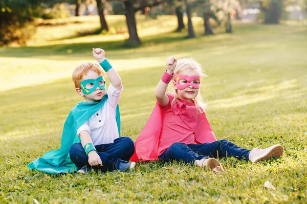 Cute Adorable Preschool Caucasian Children Playing Superheroes Two Kids Friends — Stock Photo, Image