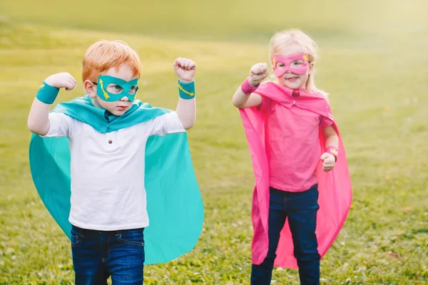 Cute Adorable Preschool Caucasian Children Playing Superheroes Two Kids Friends — Stock Photo, Image