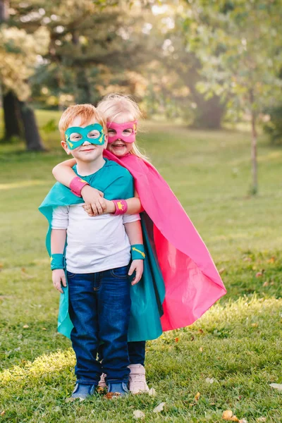 Cute Adorable Preschool Caucasian Children Playing Superheroes Two Kids Friends — Stock Photo, Image