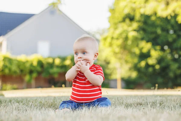 かわいいかわいい白人赤ちゃん男の子赤の シャツとズボン外フィールド草原に座っています 夕日夏の公園で少し幸せな笑顔の子 楽しんで素敵な魅力的な男の乳児 — ストック写真