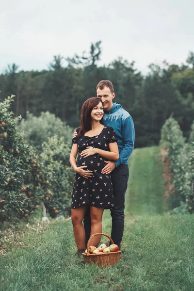 Happy healthy pregnancy and parenting. Portrait of pregnant young brunette Caucasian woman with husband on apple farm. Beautiful expecting mother and future father at countryside, rustic style