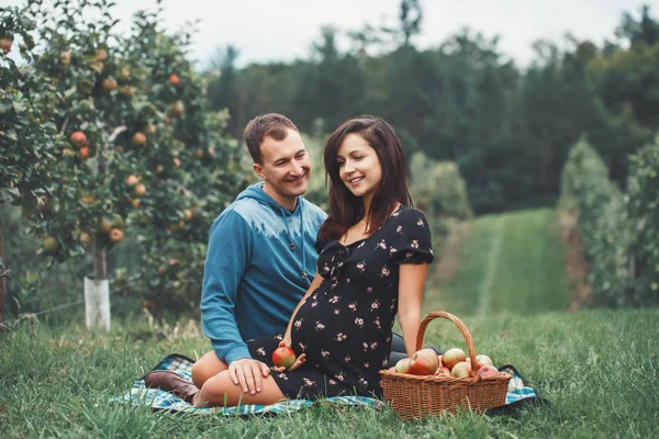 幸せな健康な妊娠と子育て アップル農場で夫と妊娠中の若いブルネット白人女性の肖像画 美しい田園風景 素朴なスタイルで将来の父と母を期待して — ストック写真