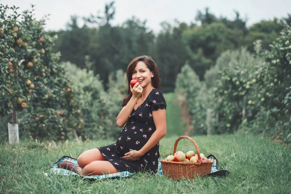 Happy healthy pregnancy. Portrait of pregnant young brunette Caucasian woman sitting on grass eating apple. Beautiful expecting mom lady on farm at countryside, rustic style.
