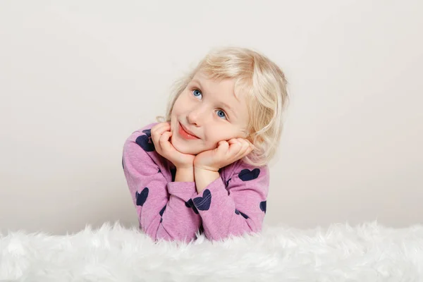 Closeup Portrait Cute Adorable White Blonde Caucasian Preschool Girl Pink — Stock Photo, Image