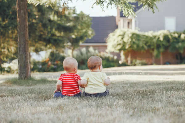Dois Adoráveis Pequenos Bebês Caucasianos Sentados Juntos Campo Prado Fora — Fotografia de Stock