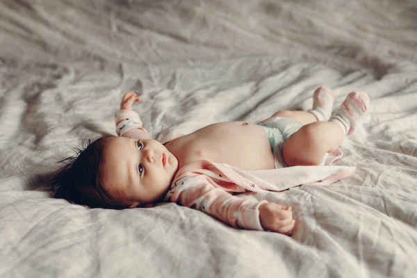 Portrait Cute Adorable Funny White Caucasian Brunette Little Baby Newborn — Stock Photo, Image