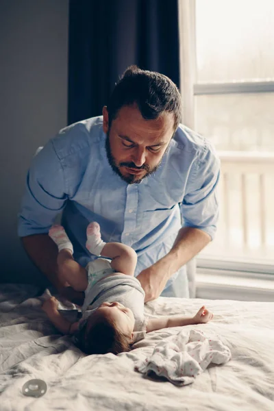 Middle Age Caucasian Father Changing Diaper Newborn Baby Daughter Male — Stock Photo, Image