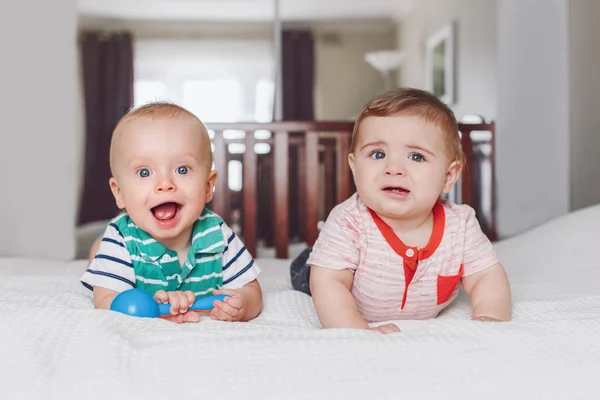 Group Portrait Two White Caucasian Cute Adorable Funny Baby Boys — Stock Photo, Image