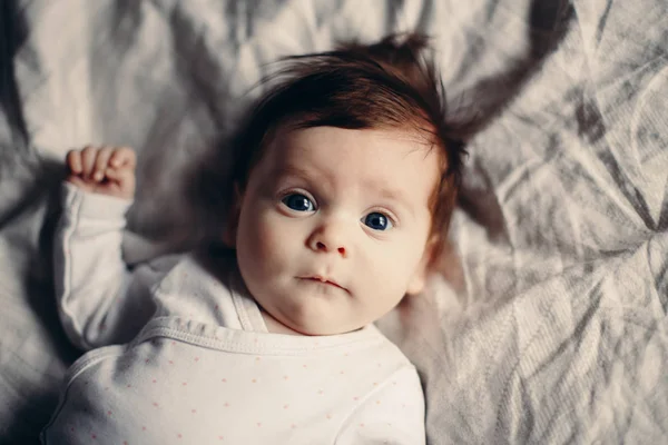 Closeup Portrait Cute Adorable Funny White Caucasian Brunette Little Baby Stock Photo