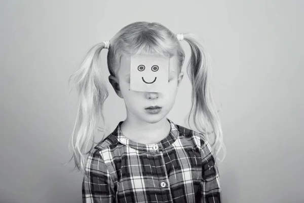 Black White Portrait Sad Unhappy Caucasian Preschool Girl Funny Sticky — Stock Photo, Image