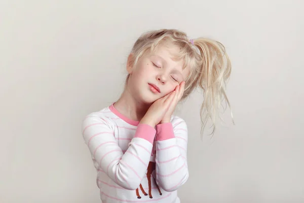 Healthy Sleep Concept Cute Blonde Caucasian Girl Child Pink Pajamas — Stock Photo, Image