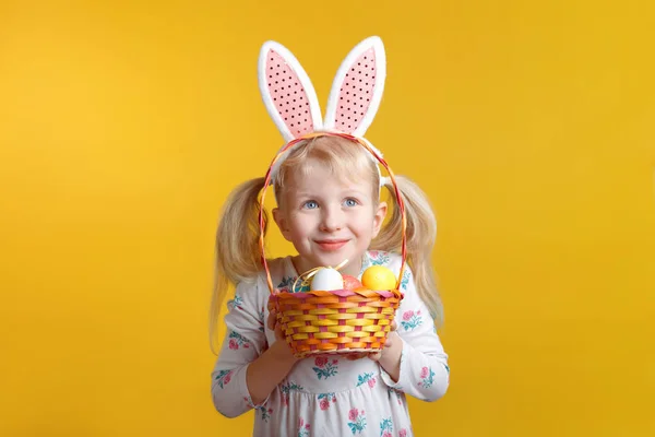 Cute Adorable Caucasian Blonde Girl White Dress Wearing Pink Easter — Stock Photo, Image