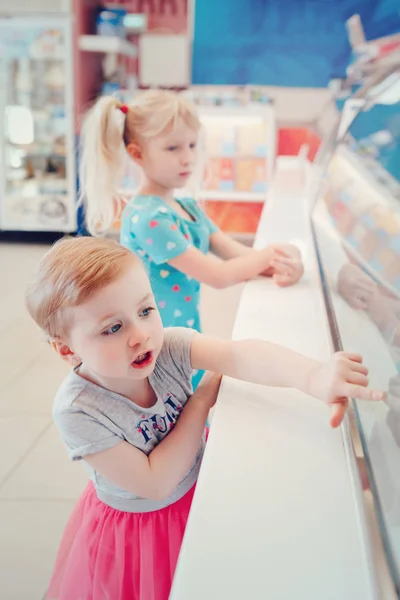 Two Caucasian Girls Children Sisters Friends Looking Ice Cream Shop — Stock Photo, Image