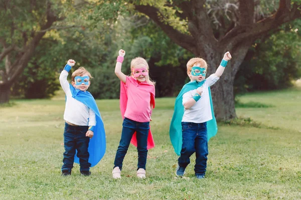 Cute Adorable Preschool Caucasian Children Playing Superheroes Three Kids Friends — Stock Photo, Image