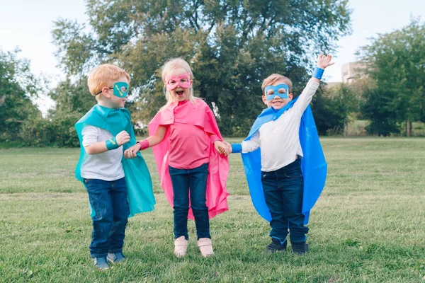 Cute Adorable Preschool Caucasian Children Playing Superheroes Three Kids Friends — Stock Photo, Image