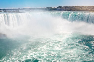 Amerika Birleşik Devletleri ve Kanada arasında Niagara Falls Hava üst manzara görünümü. Güneşli bir günde Kanada Şelalesi nal. Ünlü turist noktası su turu tekne