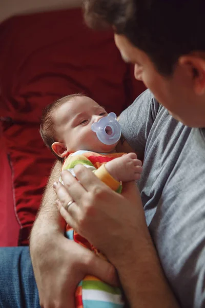 Young Caucasian Father Baby Male Man Parent Rocking Child His — Stock Photo, Image