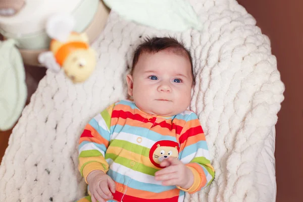 Cute Adorable Smiling White Caucasian Baby Boy Girl Lying Bouncer — Stock Photo, Image