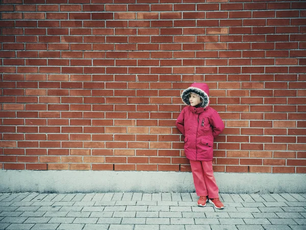 Retrato Una Linda Adorable Niña Preescolar Sonriente Chaqueta Invierno Rosa — Foto de Stock