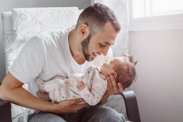 Caucasian Father Sitting Armchair Newborn Baby Girl Parent Holding Rocking — Stock Photo, Image